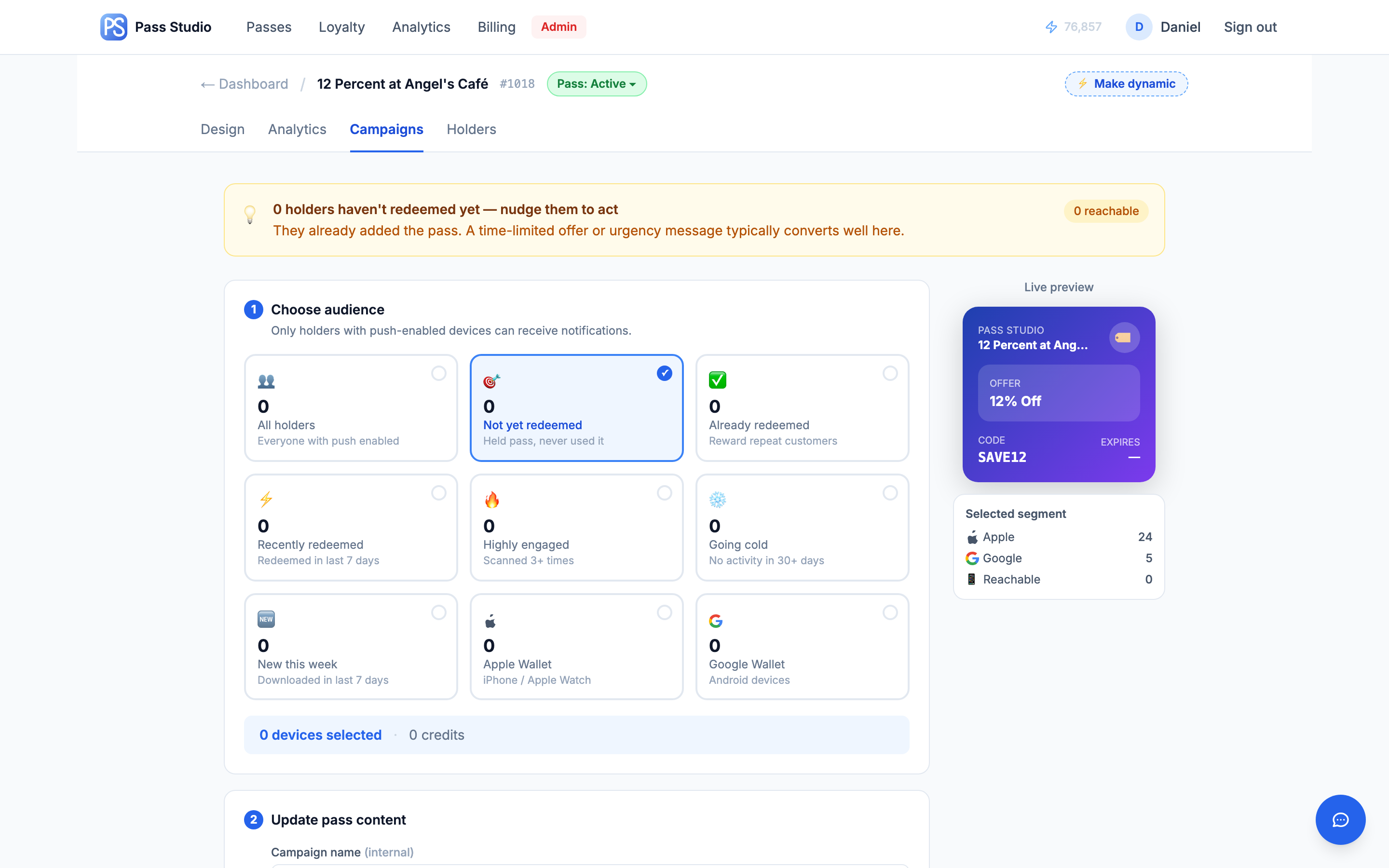 The Campaigns tab: nine audience segment cards with live device counts, insight banner, and pass preview
