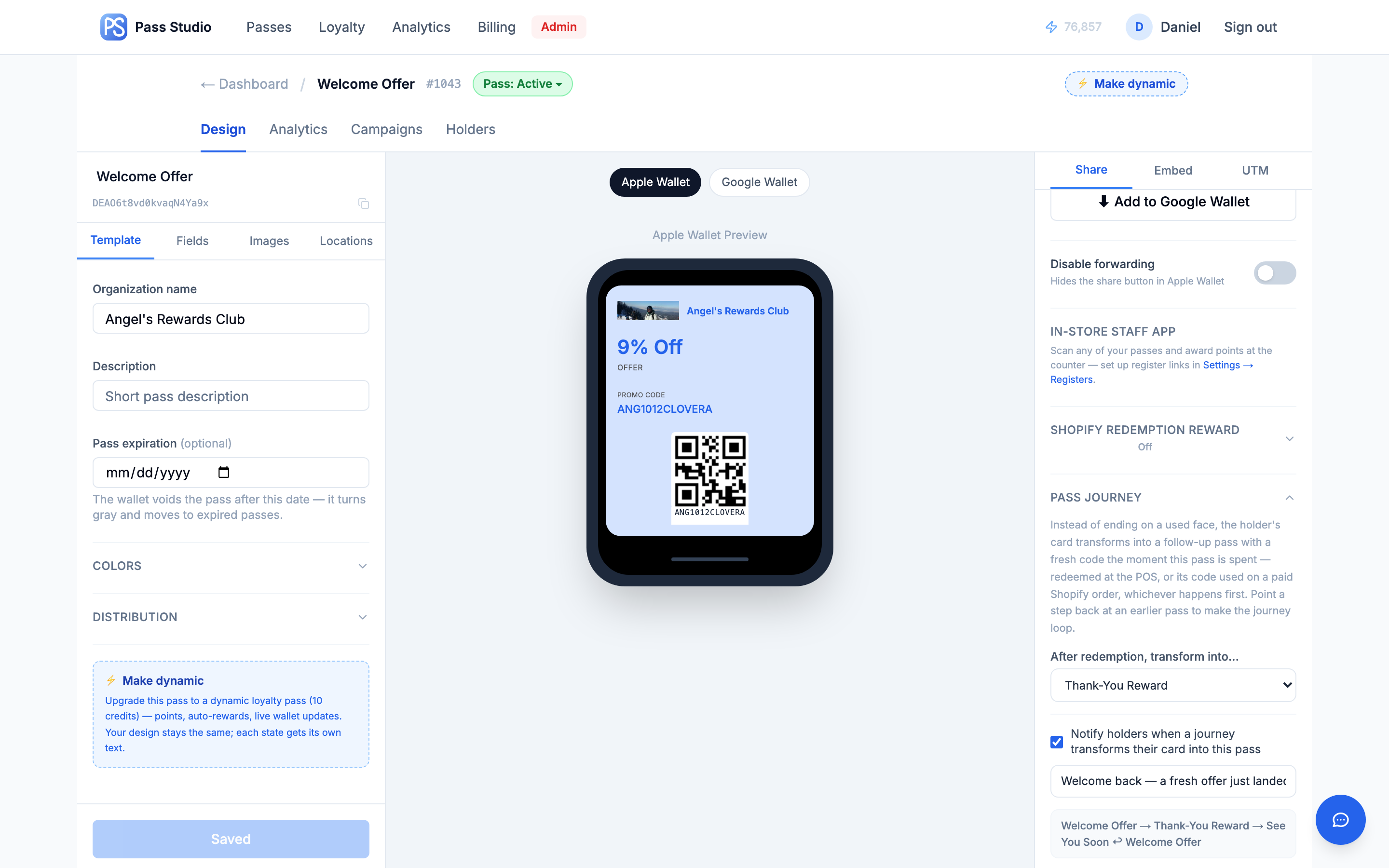 The Pass journey panel: follow-up pass selector, arrival notification with custom message, and the loop chain preview