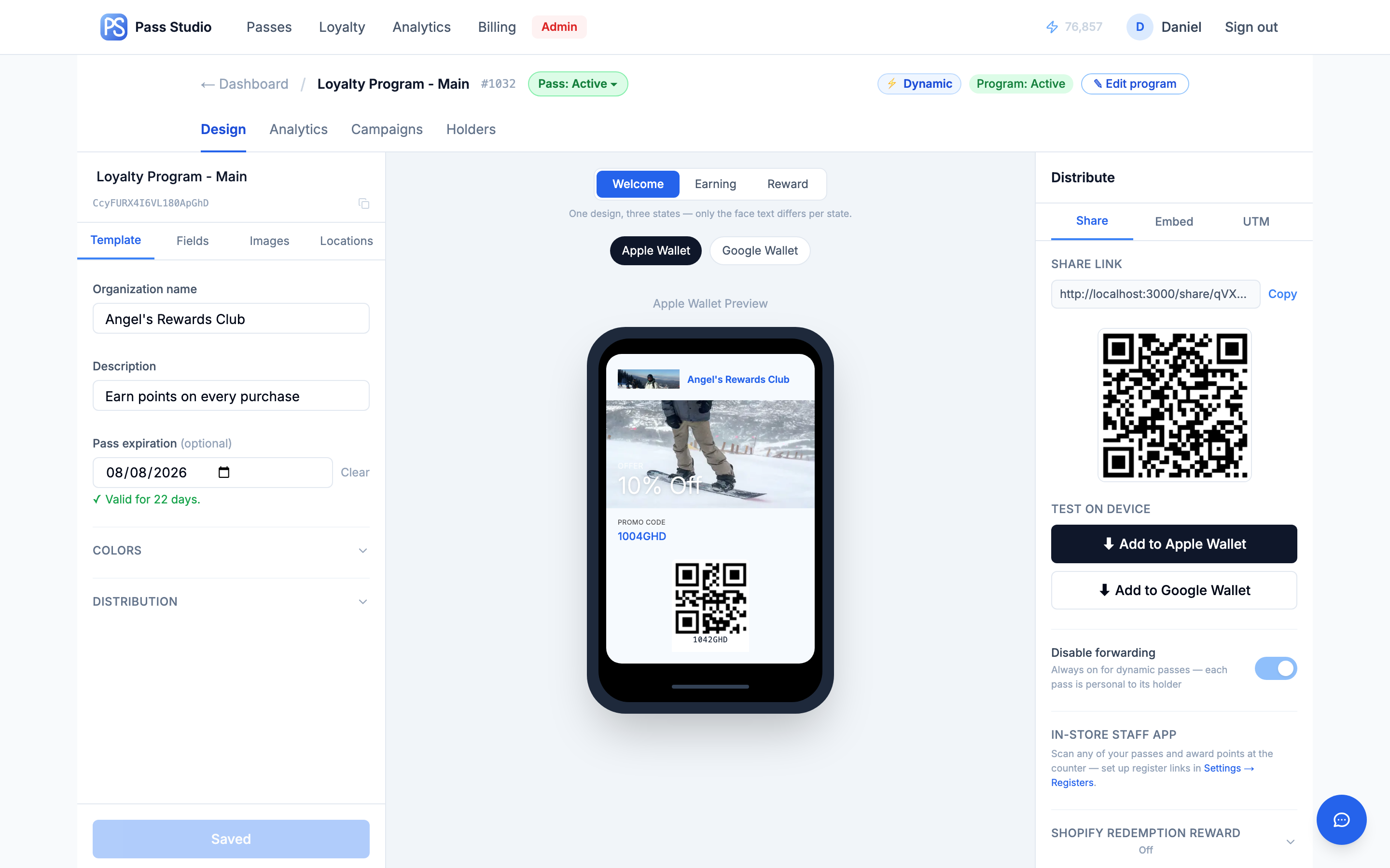 A dynamic loyalty pass in the Studio: Welcome / Earning / Reward state switcher above the wallet preview