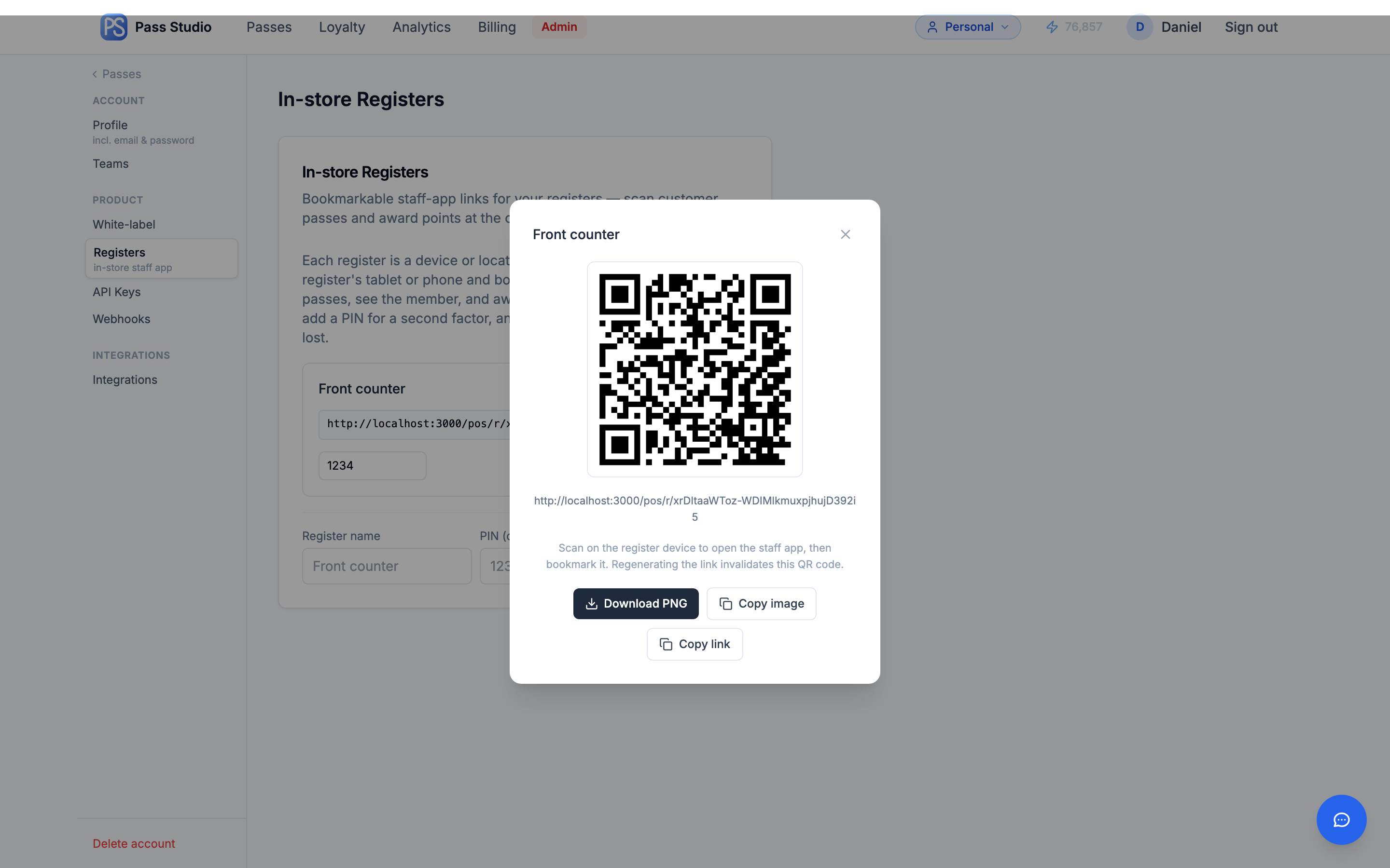 The register QR popup in Settings → Registers: scannable QR code with Download PNG, Copy image, and Copy link actions